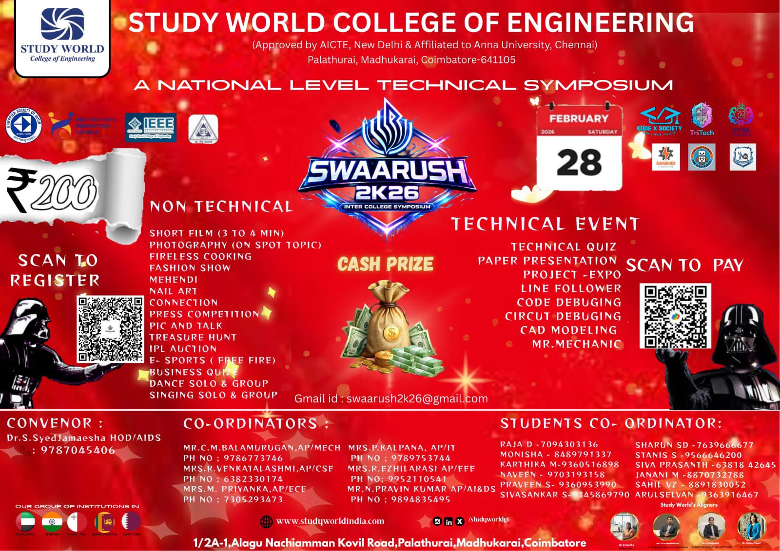 SWAARUSH 2K26 National Level Technical Symposium Poster 