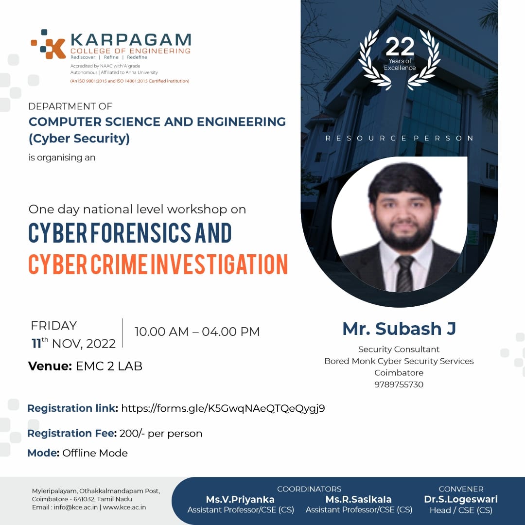 National Level one Day Workshop on Cyber forensic and Cyber Crime investigation 2022
